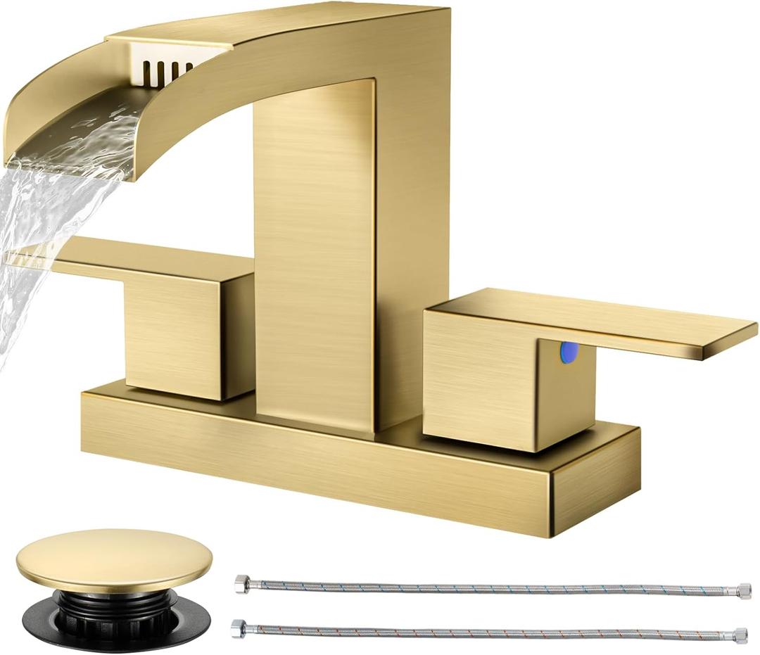 Cobbe Waterfall Bathroom Faucets 3 Hole, Brushed Gold Bathroom Sink Faucet Square 4 Inch Centerset with Pop-Up Drain, 2 Handle and 2 Supply Hoses, Lead-Free Stainless Steel for Vanity Sink Rv