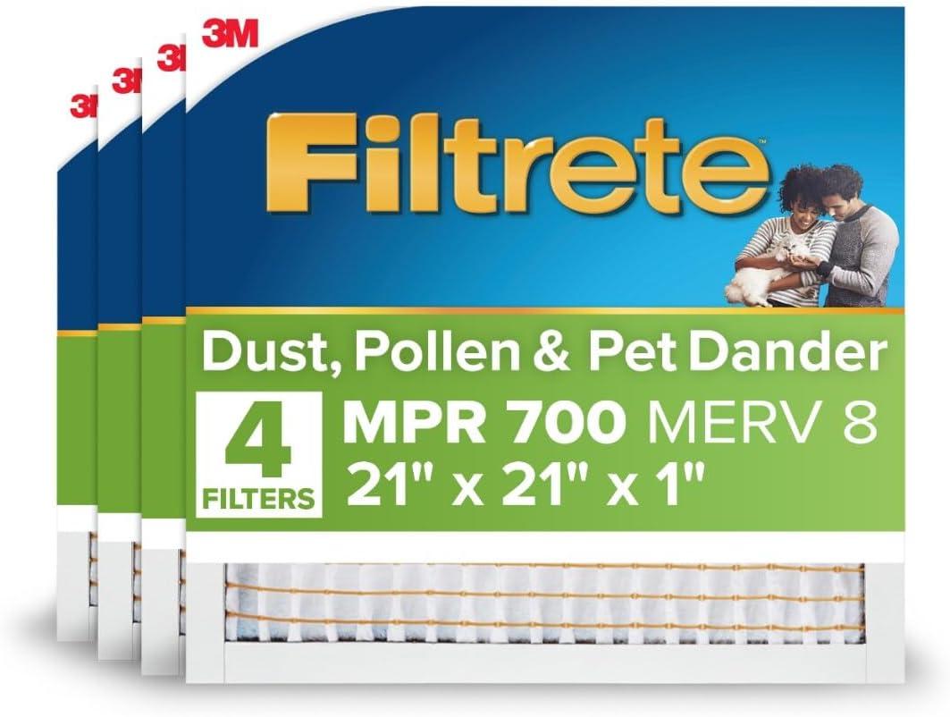 Filtrete 21x21x1 AC Furnace Air Filter, MPR 700, MERV 8, Tough on Pollen, Easy on Airflow, 3-Month Pleated 1-Inch Electrostatic Air Cleaning Filter, 3-Pack (Actual Size 20.81 x 20.81 x 0.81 in)