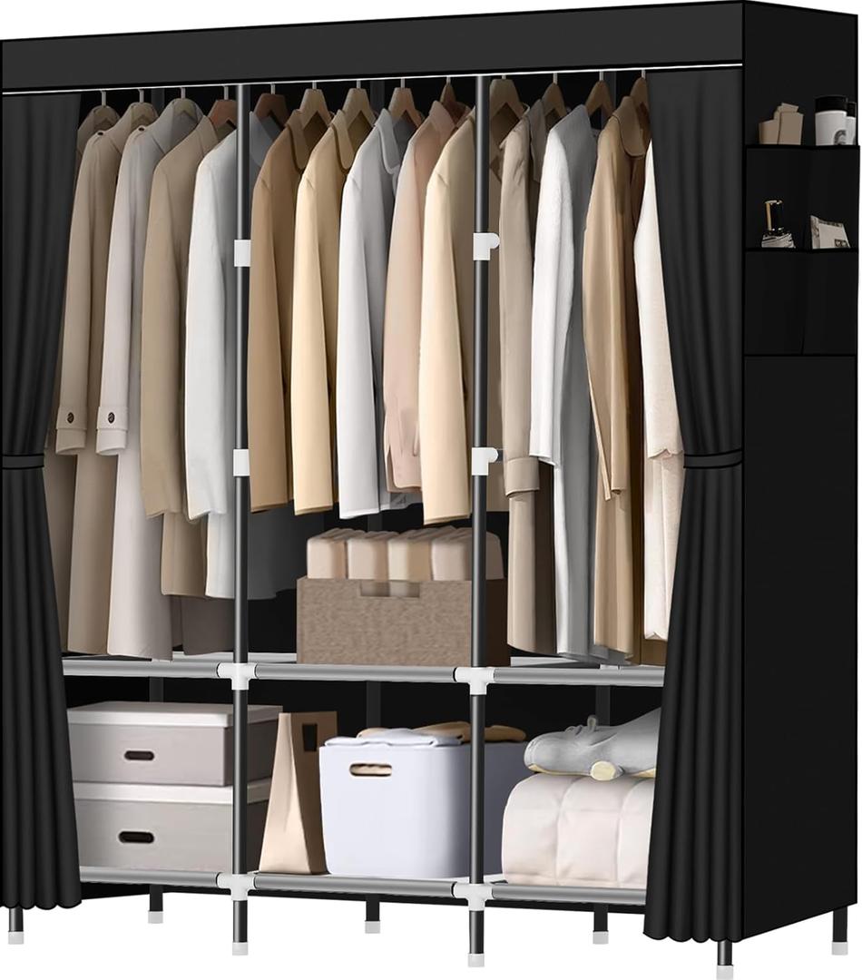 LOKEME Wardrobe Closet,Portable Closet for Bedroom Steel Pipe Diameter 19mm Strong and Sturdy Black Portable Closets for Hanging Clothes with 3 Hanging rods, 6 Storage Shelves and Side Pockets (Black)