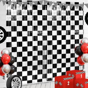 3 Pack 3.3Ft x 6.6Ft Race Car Checkered Foil Fringe Curtain Backdrop Decorations, Black White Metallic Tinsel Foil Streamers Curtain Photo Booth for Race Car One Happy Dude Birthday Party Decorations