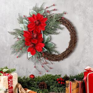 Dingion Large 18'' Magnolia Christmas Wreaths Grapevine Farmhouse Wreath for Vintage Christmas Home Decoration Front Door Kitchen Cabinets Windows Fireplaces Hanging Indoors Outdoors Decor