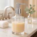 OGGI 10oz Round Glass Soap Dispenser with Satin Silver Pump  Elegant Refillable Oggi Soap Dispenser for Bathroom, Kitchen Sink, or Hand Sanitizer  Rust-Resistant Dispenser Pump for Daily Use (Clear)