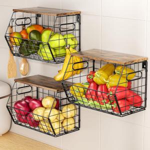 Delamu Stackable Metal Fruit Basket with Wood Lid 3 Pack, Hanging Wall Organizer for Kitchen Counter, Pantry Storage for Onions, Potatoes, Garli, Fruits, Spices, Black