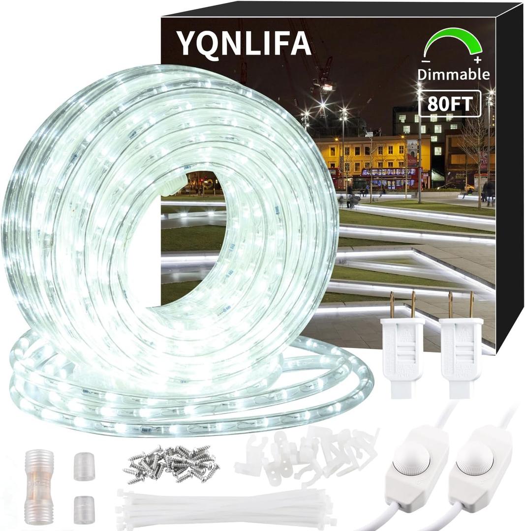 80ft LED Rope Lights, Dimmable 864 LEDs IP65 Waterproof Outdoor Indoor Linkable Cuttable Rope Light, 110V 6000K Daylight White Christmas Rope Light for Patio Garden Corridor Home Party Decor