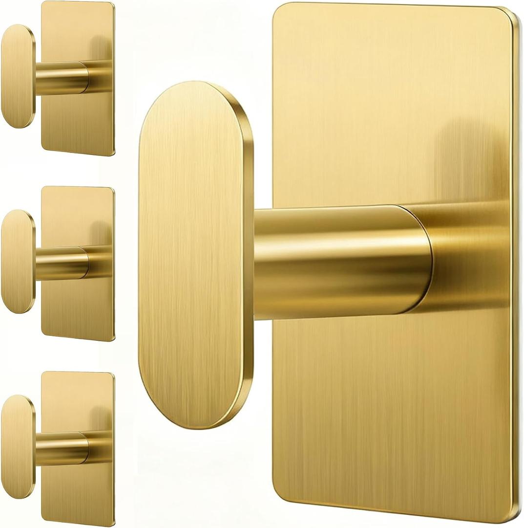 Pickpiff Adhesive Towel Hooks for Bathroom: 20LB Extra Strong Wall Hanger for Shower Kitchen RV Dorm Apartment, Gold 4 Pack