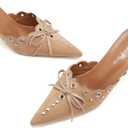 Kitten Heel Mules for Women Bow Tie Suede Stiletto Heels Mule Pointed Toe Studs Slide Heeled Sandal Pumps for Wedding Dress Party, 38