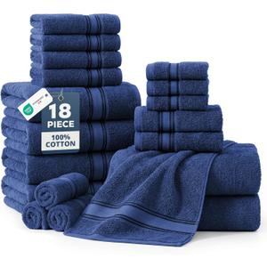 LANE LINEN 100% Mercerized Cotton Bath Towel Set of 18 Zero Twist Shower Towels, 6 Bath, 6 Hand Towel & 6 Washcloths, Quick-Dry, Luxuriously Soft & Durable, Perfect for Everyday use Navy