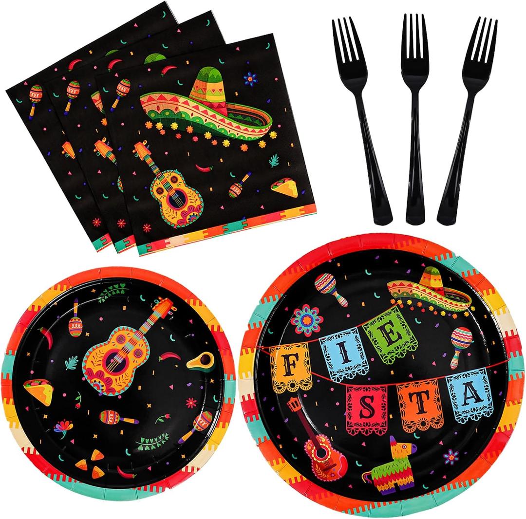 96 PCS Mexican Fiesta Party Plates for Cinco De Mayo Decor, Fiesta Plates and Napkins Party Supplies for Cinco De Mayo Carnival Taco Night Party Serve 24 Guests