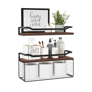 WOPITUES Floating Shelves with Wire Storage Basket, Bathroom Shelves Over Toilet with Protective Metal Guardrail, Wood Wall Shelves for Bathroom, Bedroom, Living Room, Toilet Paper- Dark Brown