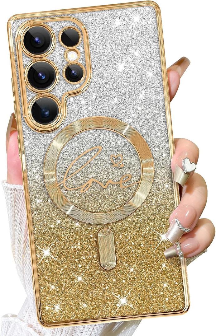 Fiyart Designed for Samsung Galaxy S24 Ultra Case,Compatible with MagSafe Love Heart Plating Camera Protection Clear Glitter Magnetic for Women Girls Shockproof Phone Cover Bumper 6.8"-Gold