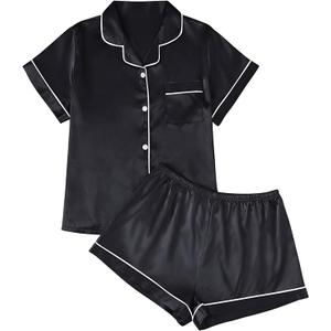 2 Pack LILLUSORY Silk Satin Pajama Set for Women 2 Piece Lounge Pjs Shorts Matching Summer Sleepwear Button Down Shirt Shorts L