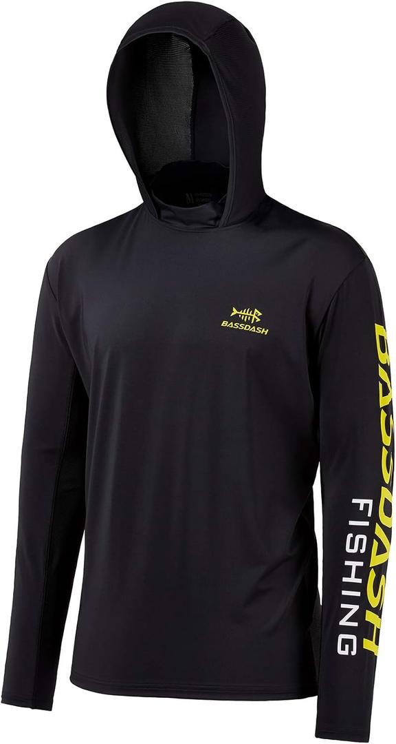 BASSDASH UPF 50+ Mens UV Sun Protection Long Sleeve Performance Fishing Hoodie Hooded Shirts (5XL, Black/Yellow Logo)