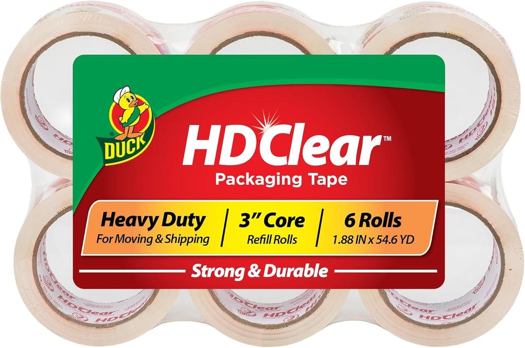 Duck HD Clear Packing Tape - 6 Rolls, 328 Yards Heavy Duty Packaging for Shipping, Mailing, Moving & Storage Clear, Strong Refills Boxes 1.88 In. x 54.6 Yd. (441962)