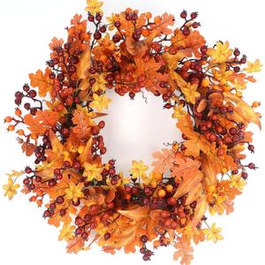 24" Fall Wreath for Front Door - Artificial Autumn Wreath with Realistic Maple Leaves & Berry Accents - Indoor/Outdoor Thanksgiving Decor for Wall, Window or Door