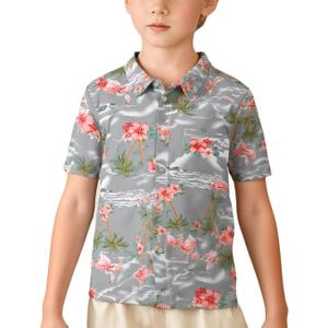 SSLR Big Boys Hawaiian Shirt, Kids Hawaiian Shirt, Flamingos Shirt Short Sleeve Luau Shirt for Kids (Gray, XL)