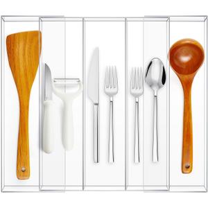 Expandable Kitchen Drawer Organizer Clear Acrylic Utensil Organizer Adjustable Acrylic Silverware Storage for Kitchen Drawers Silverware Flatware Knives(3-5 Compartments, 12 x 16 Inches)