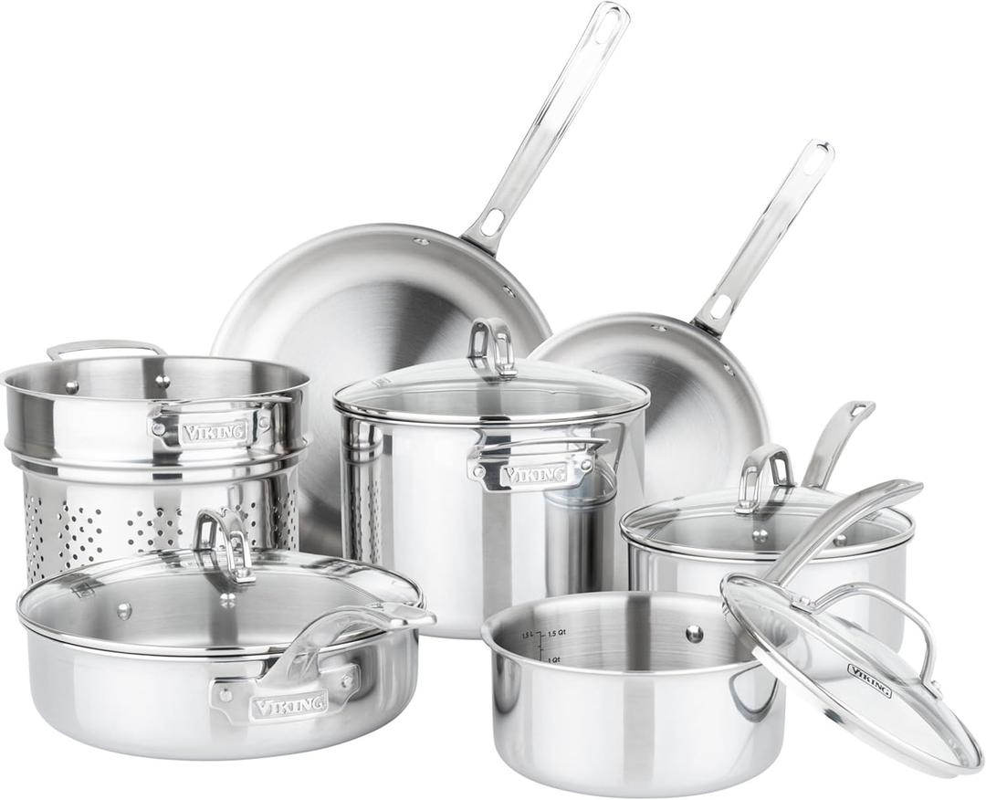 Viking Artisan 3-Ply Stainless Steel 11-Piece Cookware Set with Vented Glass Lids, Fry Pans, Saucepans, Saute Pan, Stock Pot with Strainer Insert, Oven Safe up to 600F