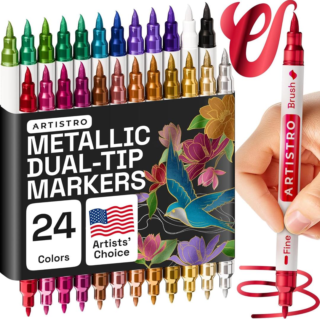 ARTISTRO Dual Tip Acrylic Paint Markers - Easy for All Ages & Levels Acrylic Paint Pens for Fabric, Rocks, Paper, Wood, Canvas, Glass, DIY (Dual Tip Metallic, 24)