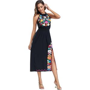 Women's Mexican Floral Embroidered Halter Neck Split Sleeveless Ruffle Party Long Dresses, Small