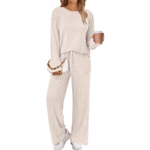 LILLUSORY Womens Lounge Sets 2 Piece Matching Pajamas Fall Fashion 2026 Ribbed Knit Outfits Long Sleeve Casual Sweatsuits (X-Large, Apricot)