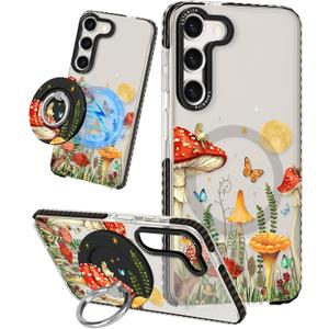 For Samsung Galaxy S23 Case for Women - Girls Cute Design Compatible with Magsafe Magnetic Ring Holder Stand Mushrooms Butterflies Phone Covers Aesthetic Girly TPU Funda for S23