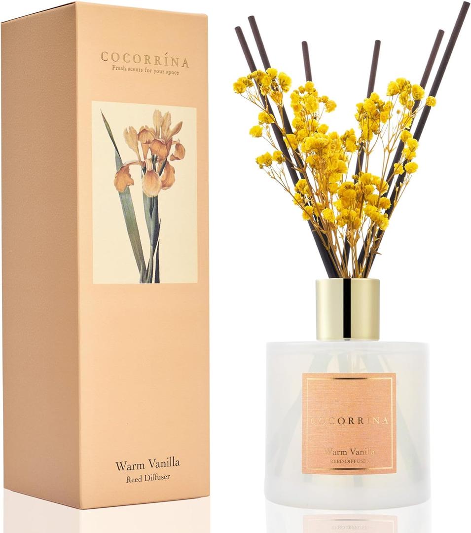 Cocorrna Reed Diffuser - Warm Vanilla Scented Diffuser with 8 Sticks Home Fragrance Reed Diffuser for Bathroom Shelf Decor (Flower/6.7 Ounce/1pack)