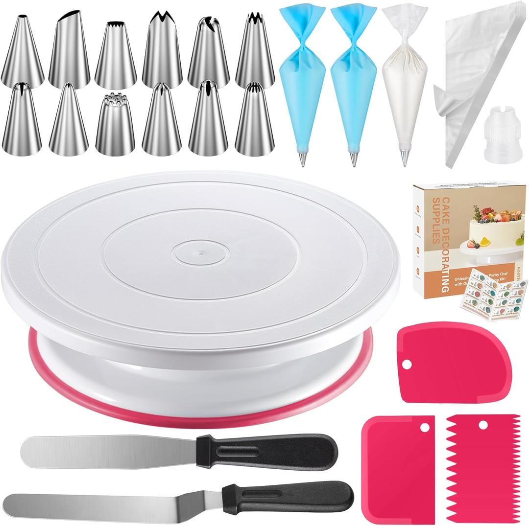 Kootek 71PCs Cake Decorating Kit, Baking Supplies Tools - Includes Cake Stand Turntable, 12 Icing Piping Tips Set, 2 Frosting Spatulas, 3 Scrapers, 50+2 Piping Bags, Coupler, Video Tutorial, Booklet (Pink)
