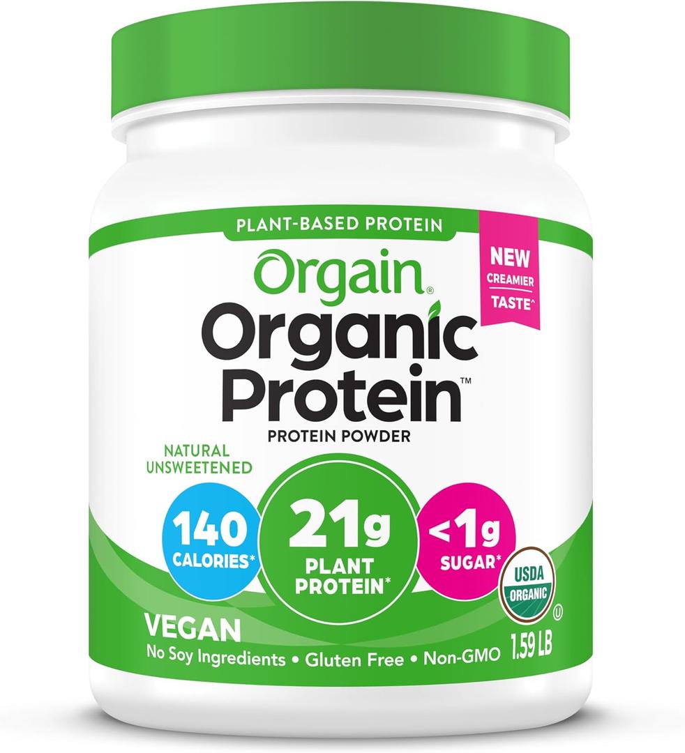 Orgain Organic Vegan Protein Powder, Natural Unsweetened - 21g of Unflavored Plant Protein, 4g Prebiotic Fiber, Low Net Carbs, No Added Sugar, Non-GMO, For Shakes & Recipes, 1.59 lb (EXP 08/20/27)