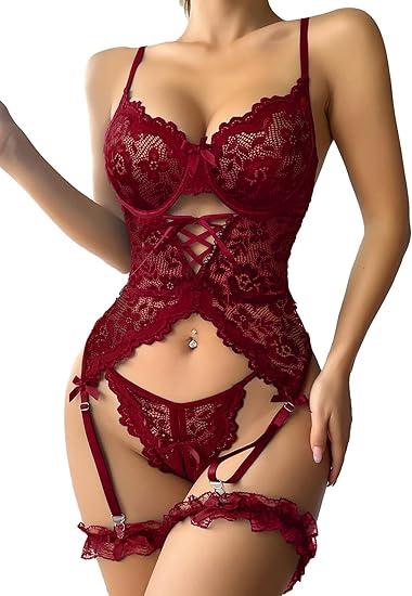 Lilosy Sexy Criss Cross Corset Underwire Floral Lace Sheer Garter Belt Lingerie Set 2 Piece (Medium, Burgundy Red)