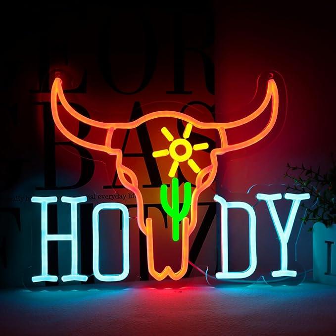 Howdy Cowboy Longhorn Rodeo Neon Sign for Western Decor,Hello Led Light for Party Bar Man Cave and Game Zone Decoration,5V USB Powered,Easy Hanging.