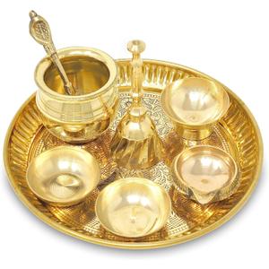 NOBILITY Brass Pooja Thali Set Small 6 Inch Puja Thali with Pital Plate Chandan Wati Kalash Kuber Diya Ghanti Palli Arti Thali for Diwali Home Office Mandir Wedding Return Gift Items