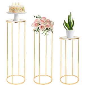 3 Pcs Cylinder Stands for Party, Gold Metal Pedestal Stand for Parties, Cilindros Para Decoraciones De Fiestas, Round Cake Pedestal for Weddings Party Birthday festival Backdrop Decoration, 13 11.8 10.6 inch