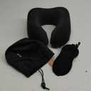MLVOC Travel Pillow 100% Pure Memory Foam Neck Pillow, Comfortable & Breathable Cover, Machine Washable, Airplane Travel Kit with 3D Contoured Eye Masks, Earplugs, and Luxury Bag, Standard (Black)
