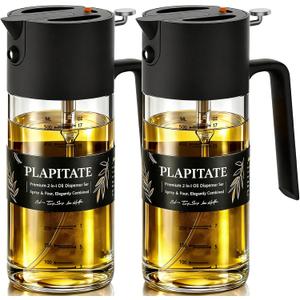 PLAPITATE 2Pcs 17oz Premium Olive Oil Sprayer for Cooking, 2 in 1 Glass Olive Oil Dispenser Bottle for Kitchen Gadgets, Spray Bottle with Portion Control for Salad, Frying, BBQ (2 Black)