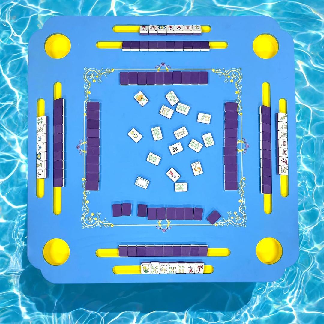 32 x 32 Inch Floating Mahjong Table for Pool, Premium EVA Mat with Tile Grooves & Cup Holders, Floating Mahjong Set, Multi-Game Pool Float Table for Summer Pool Party