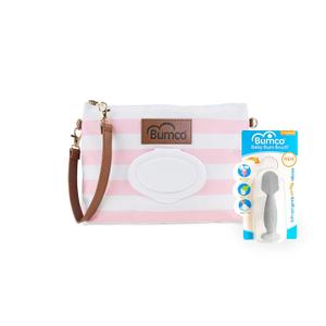 Bumco Diaper Clutch Bag and Mini Cream Spatula - Baby Travel Essentials, Small Bag with Wipes Dispenser, BPA-Free Butt Spatula, Mini Cream Applicator with Case (Pink + Gray)