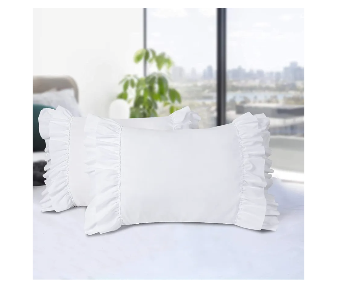 HIG Pack of 2 Farmhouse Ruffle Pillow Shams, Standard Size White French Country Style Vintage Pillowcases with Handcraft Ruffle, Boho Frilly Pillow Shams for Bedroom, Microfiber, 20" X 26" (Emory)
