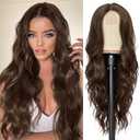 NAYOO Long Dark Brown Wavy Wig for Women 26 Inch Middle Part Curly Wavy Wig Natural Looking Synthetic Heat Resistant Fiber for Daily Party Use(26 Inch Dark Brown)