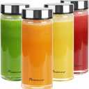 Glass Juice Bottles 4 Pack 16 oz - Wide Mouth Glass Water Bottles with Lids - for Juicing, Protein, Smoothie, Milk, Reusable, BPA Free, Stainless Steel Lids, Blender, Shaker Bottle (500ml)