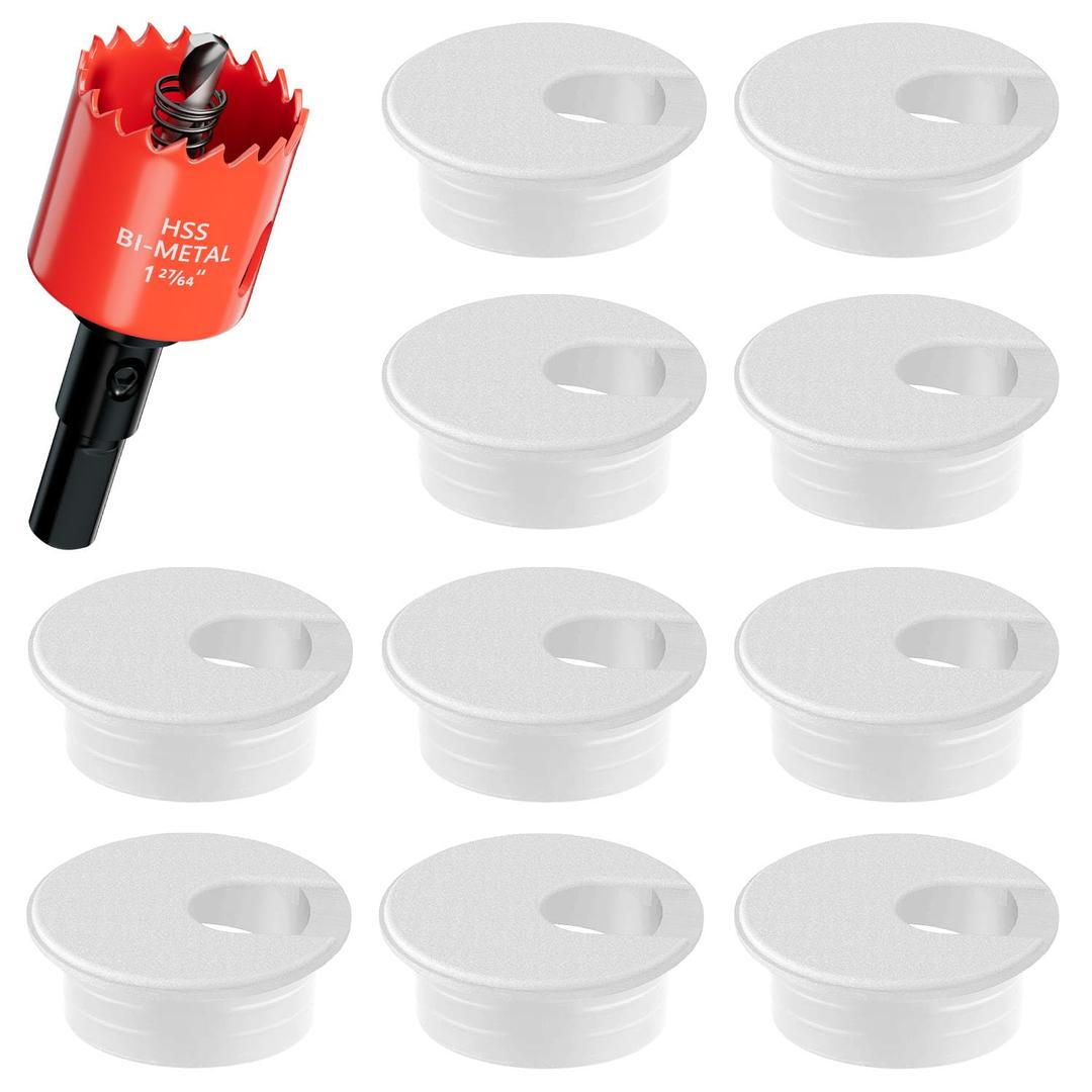 1-3/8 in. Hole Saw with 10PCS White Desk Grommet - Cable Management Kit for TV, Office, and Home Table - Hide Wires Behind Wall, TV Wall Cable Pass Through, Desk Cable Hole Covers