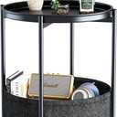Garden 4 you Side Table with Fabric Storage Basket, Round Metal End Table, Small Bedside Table Nightstand with Removable Tray, for Nursery, Living Room, Bedroom, Bathroom, Black, 1 PC