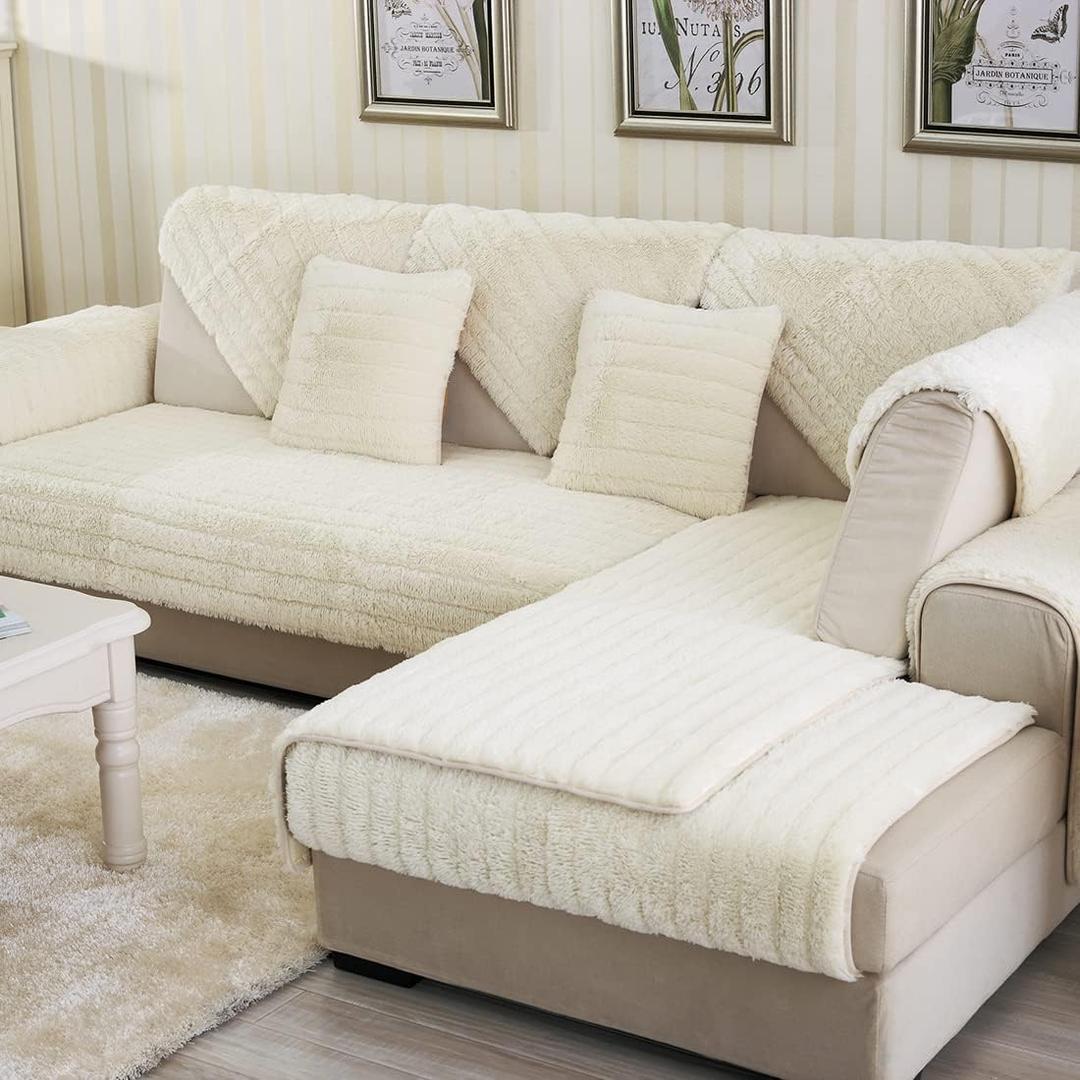 vctops Soft Warm Faux Fur Sofa Couch Cover, Plush Shaggy Sectional Couch Covers, Non-Slip Sofa Slipcover for Dogs Cats Pet Love Seat Recliner Leather L Shaped, Armrest Backrest Cover(Cream,36"x70")