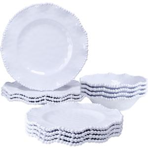 12-Piece White Beaded Melamine Dinnerware Sets  Chip-Resistant Plates & Bowls, Farmhouse Dining Set includes 4 dinner, 4 Salad and 4 Bowl  Ideal for RV, Cabin, Daily Use