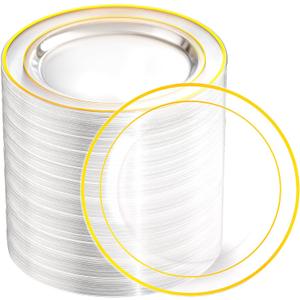 bUCLA 100 Pieces Clear Gold Plastic Plates Disposable - 6.25 Inch Clear Plastic Dessert Plates with Gold Trim for Party&Wedding
