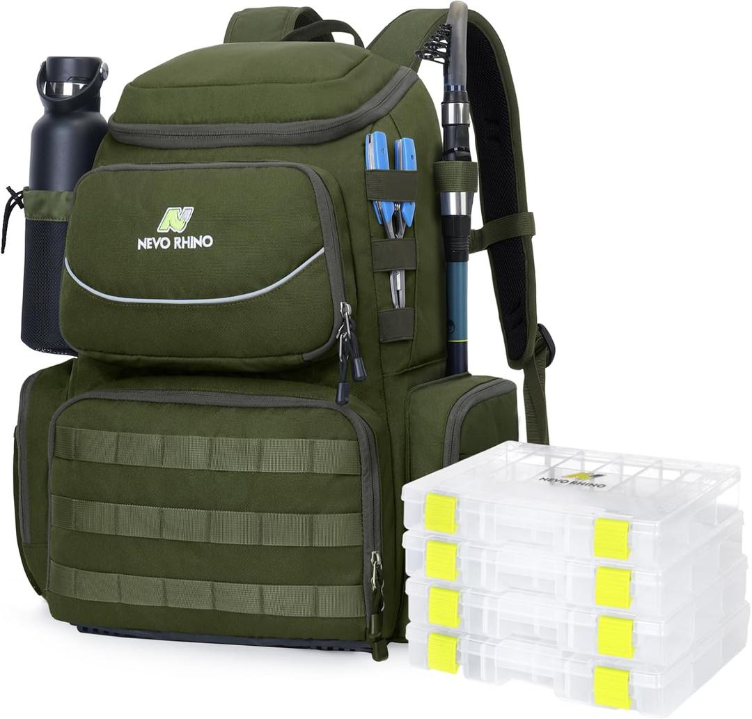 N NEVO RHINO Fishing Tackle Backpack with Rod Holders, 40L Large Fishing Bag with Waterproof Rain Cover, Outdoor Tackle Bag