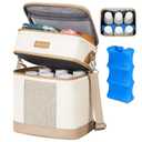 Mancro Breastmilk Cooler Bag with Ice Pack, Double Layer Insulated Baby Bottles Bag Fits 6 Bottles Up to 9 Ounces, Portable Breast Pump Cooler Travel Bag for Daycare and Nursing Moms, Beige