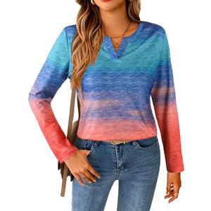 SOFIA'S CHOICE Women Ombre Long Sleeve T Shirts Women Basic Casual V Neck Shirts Blue Pink Small (S)