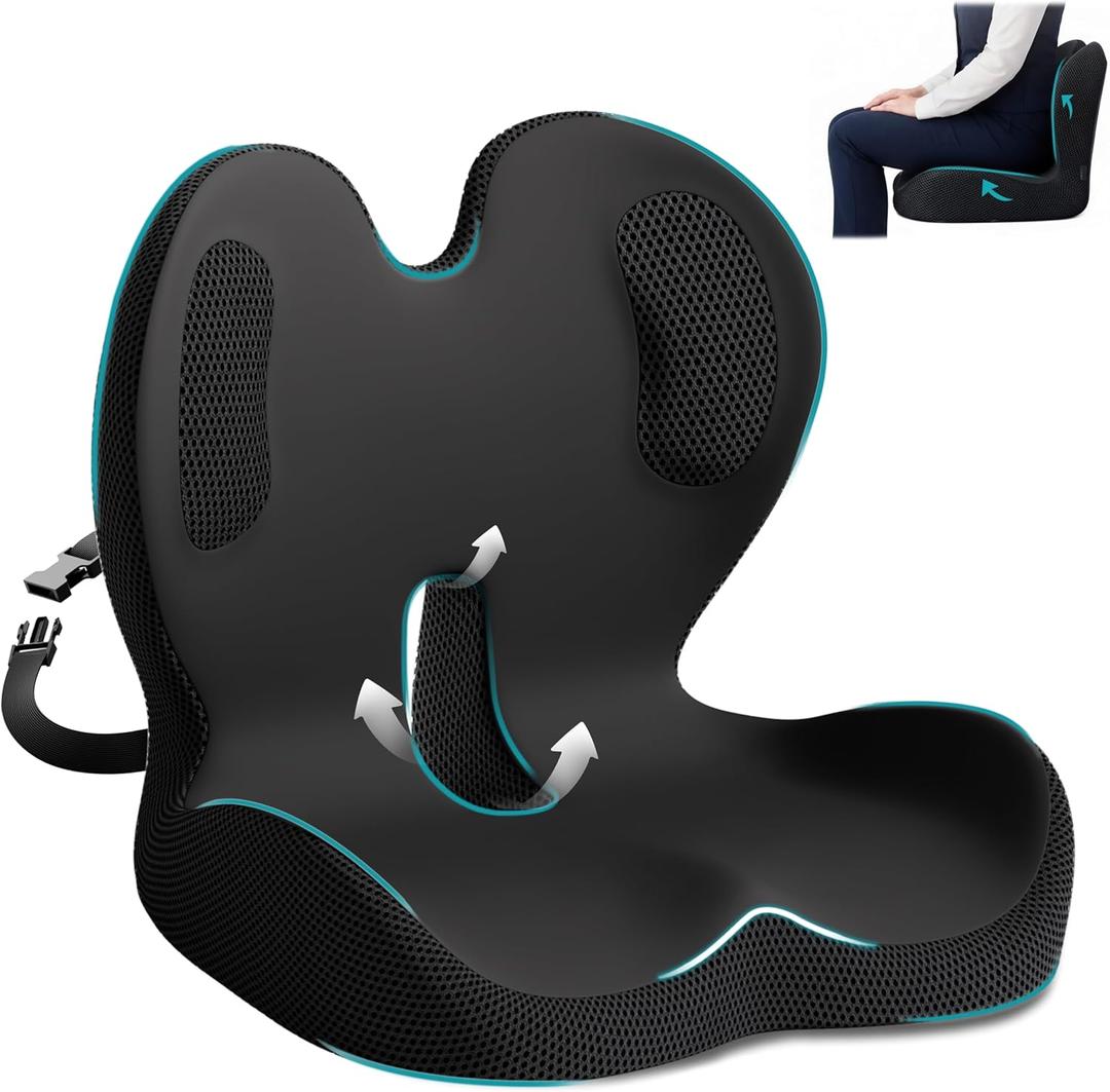 Memory Foam Seat Cushion, Office Chair Cushion with Lumbar Support, L-Shape Ergonomic Cushions with Strap, Non-Slip Sciatica, Hemorrhoids, Tailbone Pain Relief for Office Workers, Driver (Black+Ice Silk)