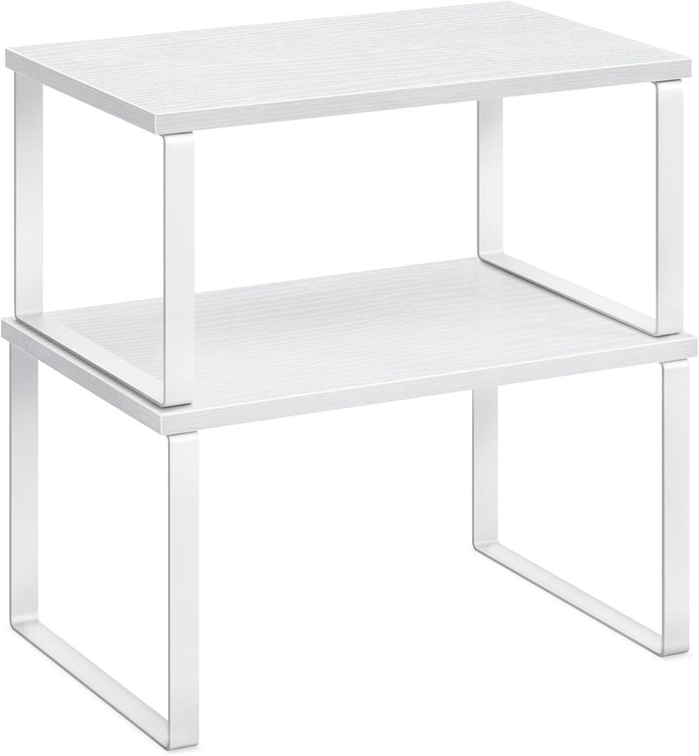 SONGMICS Cabinet Organizer Shelf, Set of 2 Kitchen Counter Shelves, Kitchen Storage, Spice Rack, Stackable, Expandable, Metal and Engineered Wood, Cloud White and Snow White UKCS02W01 (11.7"W)