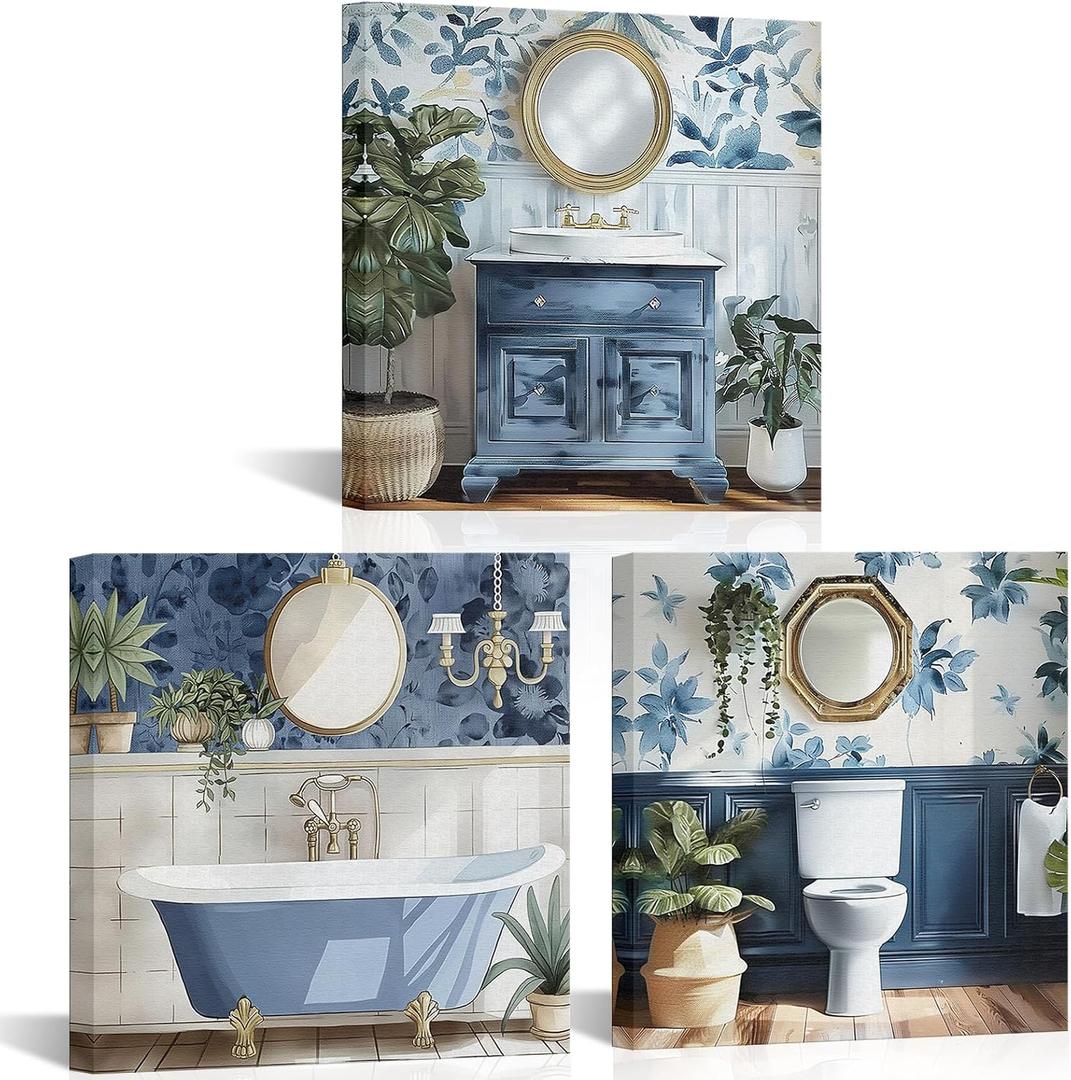 PoGoXiPoYo 3 Pieces Bathroom Wall Art Canvas Prints Bath Tub Toilet Sink Painting Picture Blue Bathroom Wall Decor Framed Rustic Modern Artwork for Home Decor Ready to Hang 12"x12"x3, 1212inch3pcs